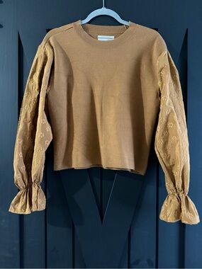 Anthropologie Camel Puff-Sleeve Crewneck Sweater,  Small